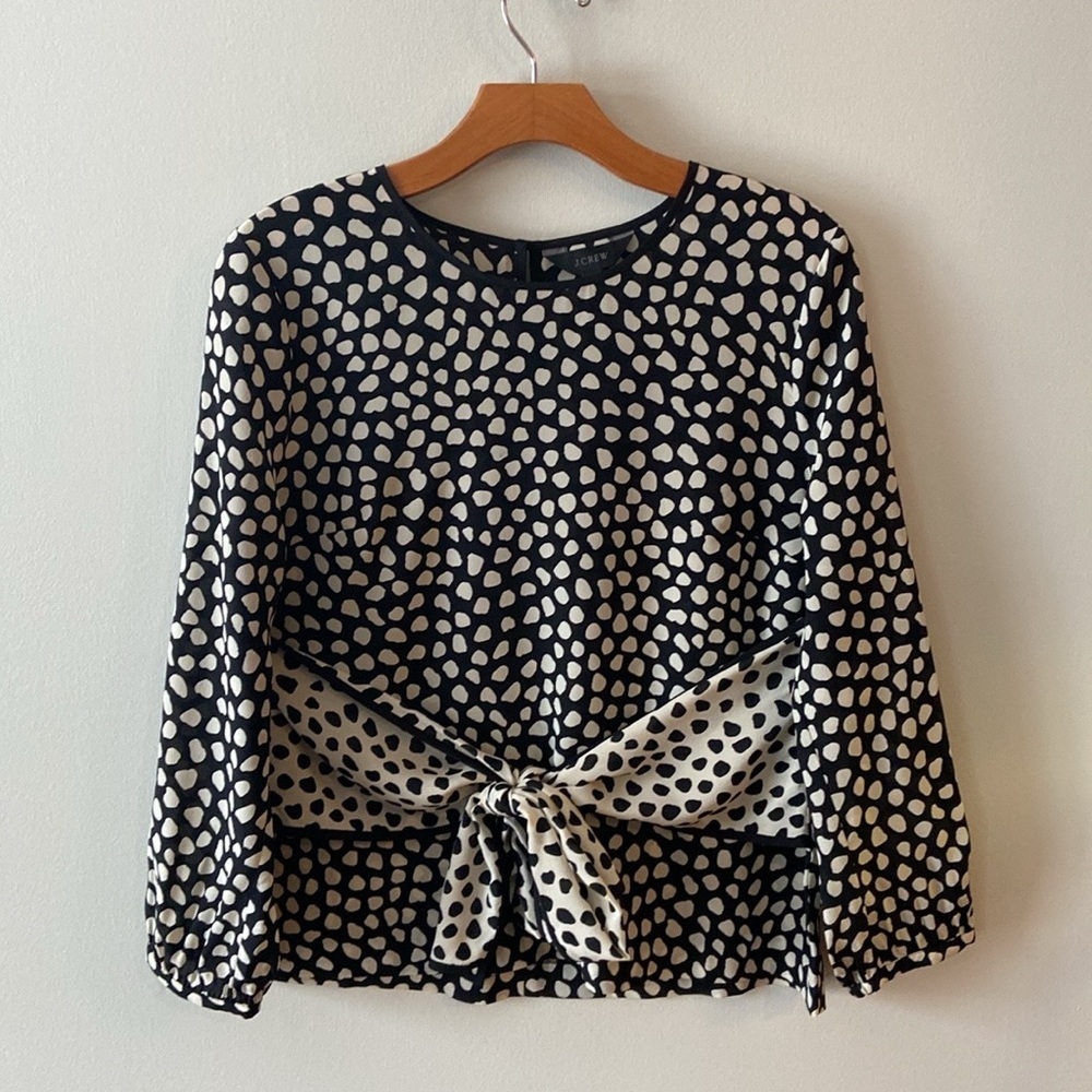 J Crew Tie-Front Silk Top Black Ecru Pebble Print Size 8P